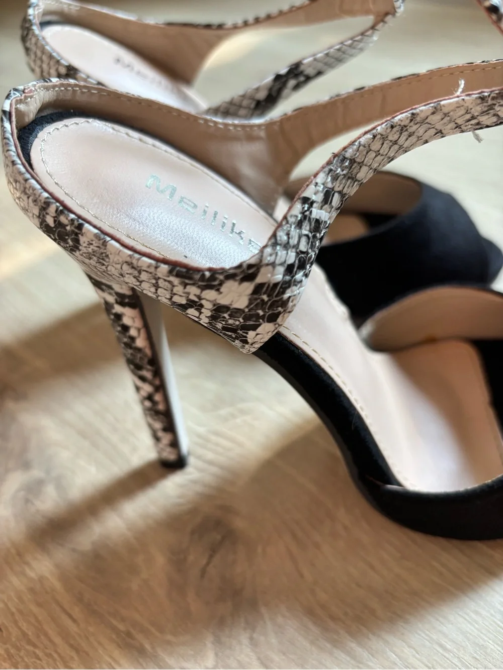 Merrell Black Suede Peep-Toe Heels with Snake-Print Ankle Straps